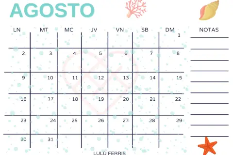 Calendario de agosto con diseño de burbujas y elementos marinos.