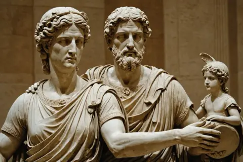 Marmorstatuen einer Familie: Mann, Frau und Kind mit Trommel.