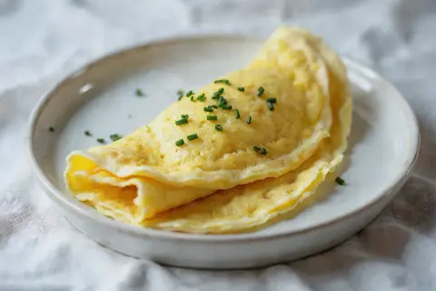 Delikatny omlet francuski, złożony na pół, posypany szczypiorkiem, na białym talerzu.