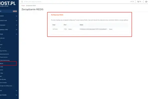 Panel zarządzania REDIS dla WordPress. Widok konfiguracji serwera Redis z danymi do połączenia: host, port i hasło.