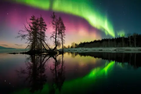 Magnifique aurore boréale rose et verte au-dessus d'un lac reflétant le ciel. Un guide pour savoir comment photographier les aurores boréales.