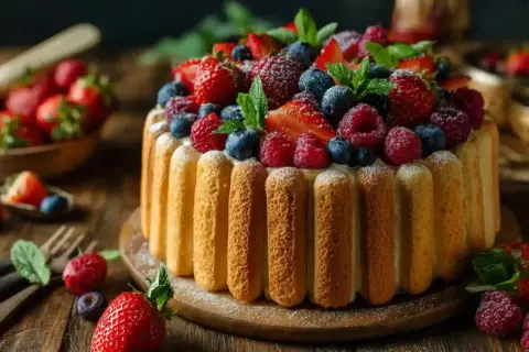 Charlotte aux fruits, un délice visuel et gustatif, ornée de fraises, framboises et myrtilles fraîches, sur un lit de crème onctueuse.