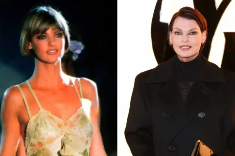 Linda Evangelista: un confronto tra il suo look iconico da modella negli anni '90 e un'apparizione più recente.