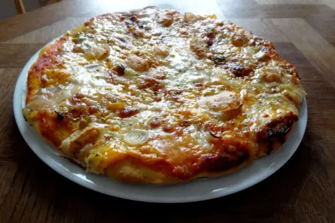 Pizza appétissante sur une assiette blanche, garnie de fromage fondu et d'oignons. Une recette facile de pâte levée rapide pour un repas gourmand.