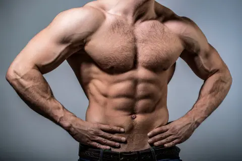 Torso maschile scolpito, con addominali definiti e pettorali possenti. Un esempio di **massa definizione** raggiunta con duro allenamento.