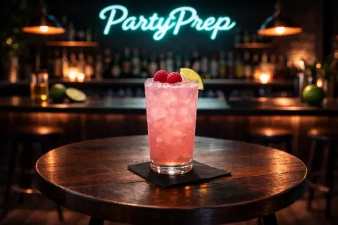 En rosa p2 drink med hallon och lime på ett träbord. Bakom syns en bar med neonskylten "PartyPrep".