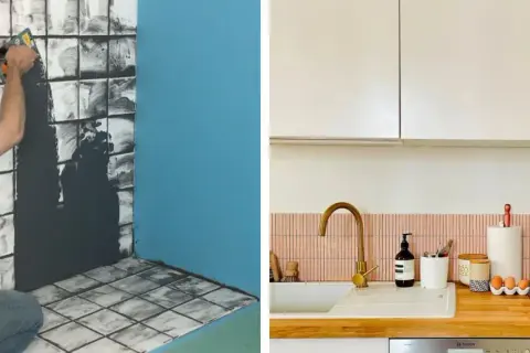 Application de mortier pour recouvrir la faïence d'une cuisine, et une crédence rose installée au-dessus d'un évier.