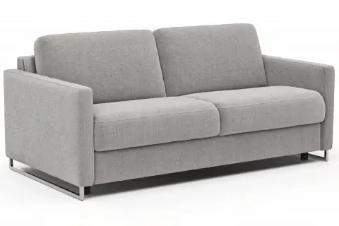 Graues Schlafsofa mit zwei Sitzkissen und Rückenlehnen, ein praktisches Merkmal eines Schlafsofas für Gäste.
