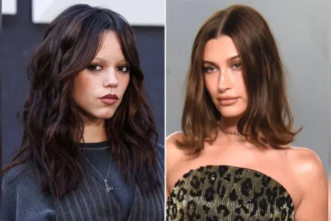 Zwei Frauen mit verschiedenen Haarschnitten: Jenna Ortega mit langen, welligen dunklen Haaren und Hailey Bieber mit schulterlangem, glattem braunem Haar.