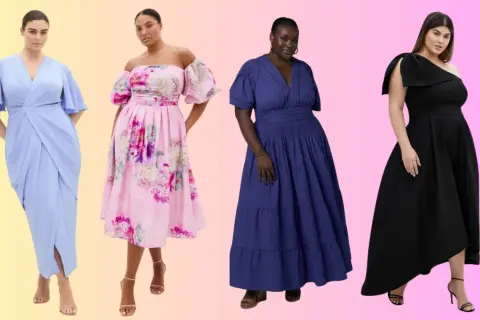 Cztery kobiety plus size w eleganckich sukienkach: błękitnej, w kwiaty, granatowej i czarnej.