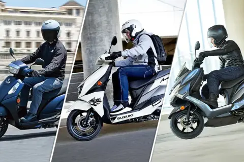 Trzy nowe skutery Suzuki 125 w różnych kolorach: granatowy, biało-szary i grafitowy.
