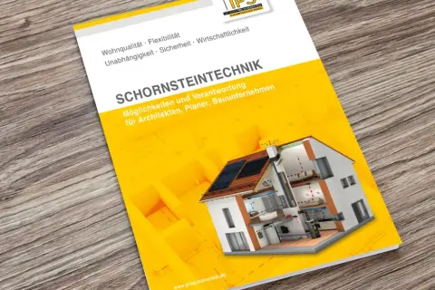 Broschüre zeigt ein Haus im Querschnitt, das die Funktion eines Schornsteins erklärt. Was ist ein Schornstein? Hier erfahren Sie mehr.