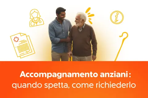 Giovane uomo aiuta un anziano a camminare. Illustrazioni di medico, documenti e bastone da passeggio suggeriscono un accompagnamento anziani senza 104.