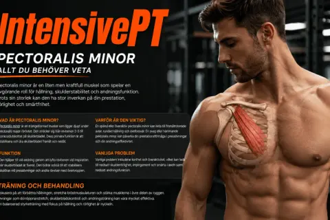 Muskeln pectoralis minor, som kan ge kramp i revbenen, visas på en man. Texten förklarar dess funktion och vikten av träning.