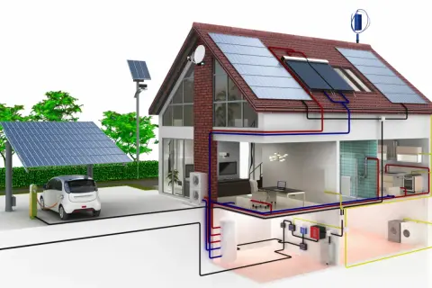 Ein Haus mit Solaranlagen und Elektroauto-Ladestation, das eine energieeffiziente Bauweise demonstriert.