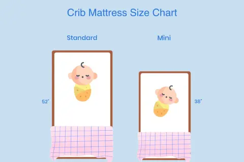 Crib mattress size chart showing standard (52"x28") and mini (38"x24") dimensions, each with a cute baby illustration.