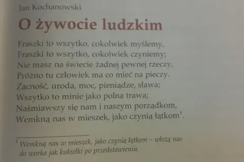 Jan Kochanowski pisze, że życie to fraszka. Wszystko przemija, jak trawa polna, a nas włożą do worka.