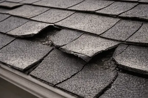 Damaged shingle construction on a roof shows lifted and cracked shingles, revealing the underlayment and potential water damage.