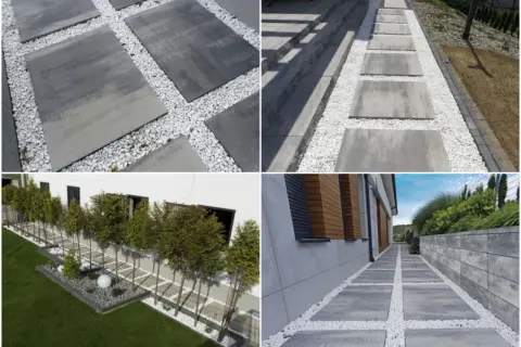 Nowoczesna opaska wokół domu z płyt chodnikowych i białego żwiru tworzy elegancką ścieżkę.