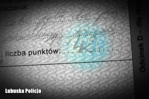 Dokument z pieczątką Lubuskiej Policji, widoczna liczba punktów i tekst "Odcinek D - dla org". Może to być mandat lub inny dokument związany z grzywną.
