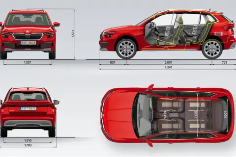 Szczegółowe skoda kamiq wymiary: wysokość 1531 mm, szerokość 1793 mm, długość 4241 mm. Wnętrze oferuje 1051 mm miejsca na nogi z przodu i 1003 mm z tyłu.