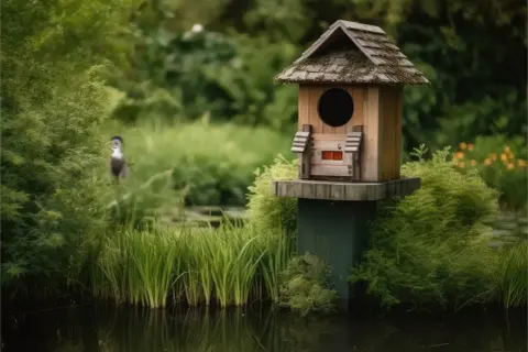 Nichoir en bois près d'une mare écologique, avec un oiseau en arrière-plan.