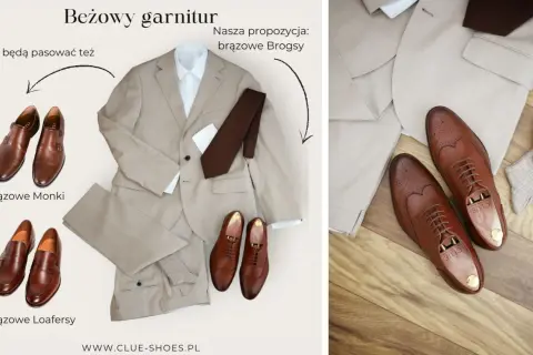 Beżowy garnitur i propozycje brązowych butów: Monki, Loafersy i Brogsy. Idealne jakie buty do beżowego garnituru.