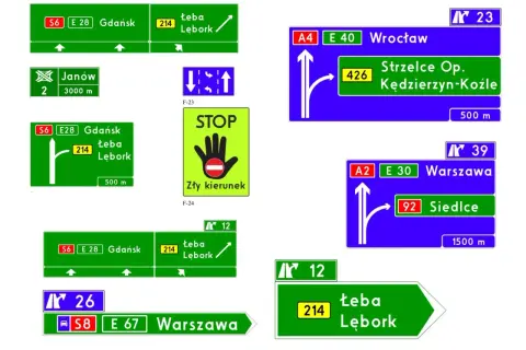 Kolekcja nowych znaków drogowych: kierunkowskazy do Gdańska, Łeby, Wrocławia, Warszawy, a także znak STOP "Zły kierunek".