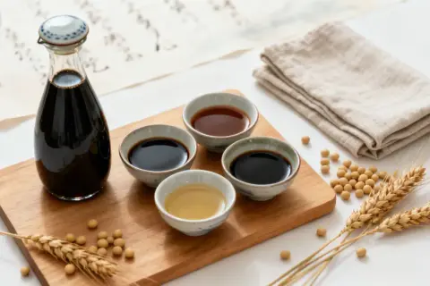 En flaska mörk sojasås och skålar med olika sorters sojasås, omgivna av sojabönor och veteax. Sojasås görs av fermenterade sojabönor.