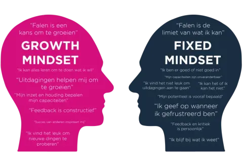 Twee profielen, één met 'Growth Mindset' en positieve quotes, de ander met 'Fixed Mindset' en beperkende overtuigingen.