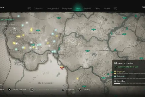 Mapa z gry Assassin's Creed Valhalla. Poradnik pokazuje lokację Glowecestre w regionie Glowecestrescire, gdzie należy odszukać Gunnara.