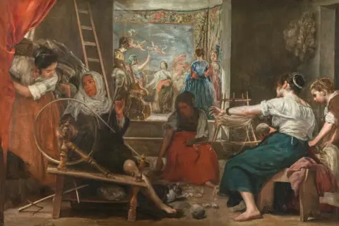 Mujeres hilando y tejiendo, escena que evoca las poesías de Tiziano.