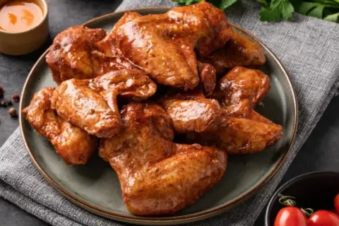 Sabrosas alitas de pollo a la coca cola, glaseadas y doradas, servidas en un plato con salsa y tomates cherry.
