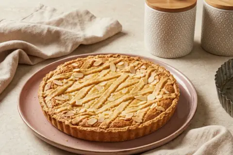 Une délicieuse tarte à la ricotta sucrée, garnie d'amandes effilées et d'une croisade de pâte dorée, prête à être dégustée.