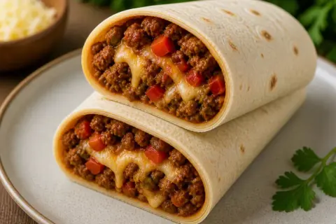 Pyszna tortilla z mięsem mielonym i roztopionym serem, zapiekana w piekarniku. Idealna na szybki obiad.