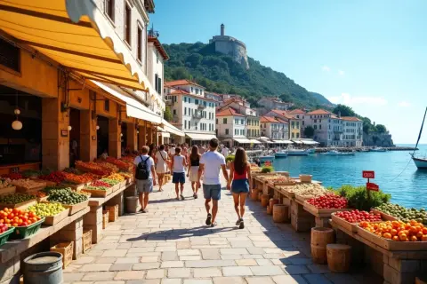 Promenada w Chorwacji z targiem owocowo-warzywnym i widokiem na morze.