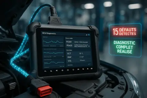 Diagnostic auto électronique : un appareil affiche 15 défauts détectés et un diagnostic complet réalisé.
