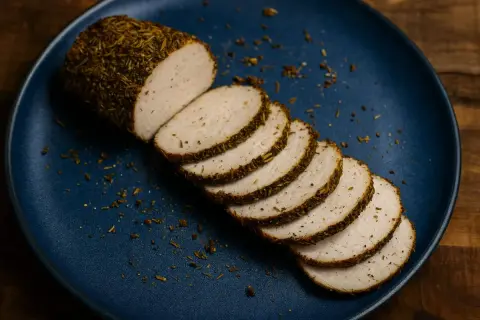 Affettato di pollo speziato su piatto blu. Un modo semplice per condire l'affettato di pollo con erbe aromatiche.