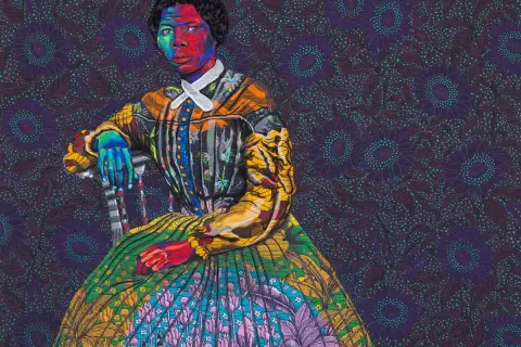 Vibrant portrait of a woman by contemporary black artists, her skin a mosaic of bold colors against a patterned background.