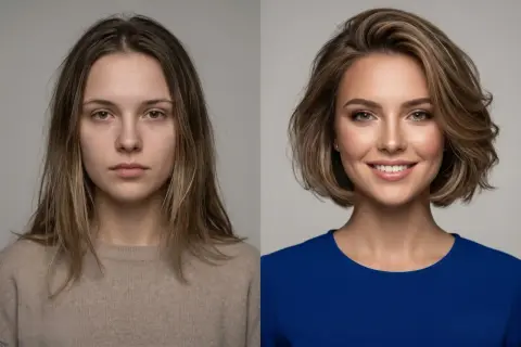 Przed i po: metamorfoza z naturalnego wyglądu do olśniewającej fryzury z efektem face framing, podkreślającej rysy twarzy.