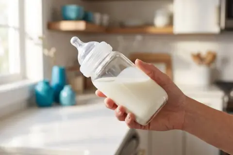 Hand holding a baby bottle filled with milk. The nipple appears to be a fast flow, indicating signs nipple flow is too fast.