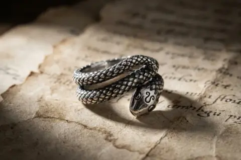 Anillo de plata con forma de serpiente enroscada, con detalles escamados y cabeza adornada.