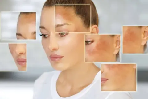 Primer plano de una mujer con manchas oscuras en la cara, mostrando qué es el melasma y sus diferentes áreas afectadas.
