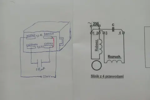 Schemat podłączenia silnika jednofazowego 4 przewody z kondensatorem 28 µF.