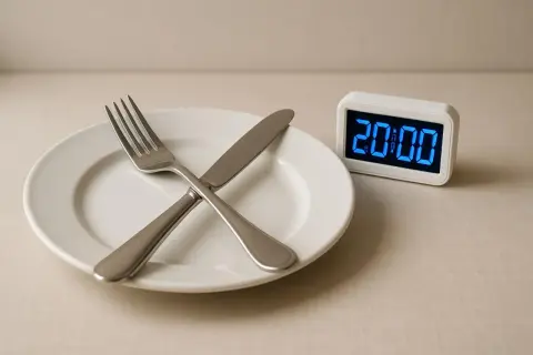 Piatto vuoto con forchetta e coltello incrociati, accanto a un orologio digitale che segna le 20:00. Forse è ora di iniziare a pensare che non mangiare fa dimagrire.