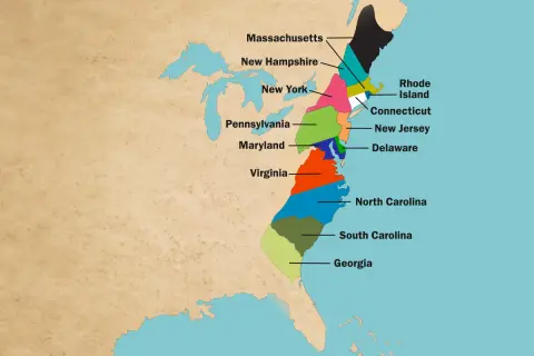 Karta visar de ursprungliga tretton kolonierna, en viktig del av USA historia. Färgade områden representerar stater som Massachusetts, Virginia och Georgia.