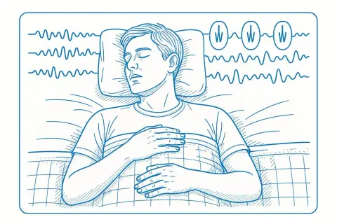 A man sleeps with his hands on his chest, while brainwave patterns above him indicate sleep fragmentation.