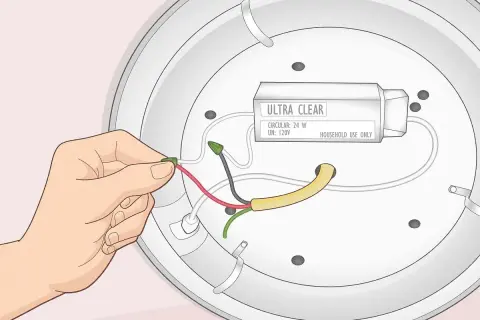 Main d'une personne effectuant le branchement d'un éclairage, connectant un fil rouge à un connecteur vert.