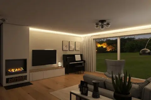 Gemütliches Wohnzimmer mit Kamin, Klavier und Blick in den Garten. Tolle Deko-Ideen für ein stilvolles Zuhause.