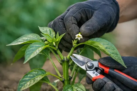 Main d'un jardinier en gant noir taillant une jeune pousse de poivron, observant la taille des poivrons pour une meilleure croissance.
